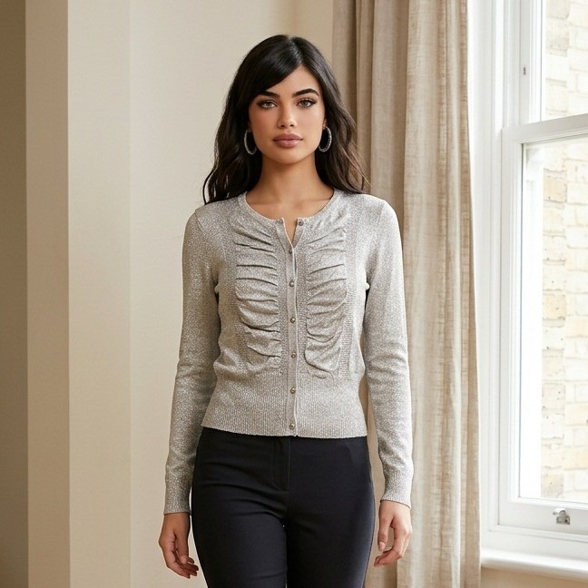 Cache Size S Gathered Front Cardigan Sweater Silver Gray Lightweight Fitted Prep